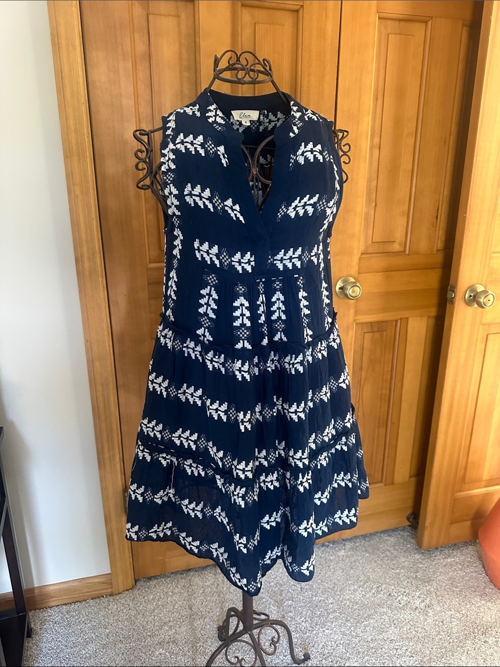 Elan Navy and White Sleeveless Tiered Mini Dress